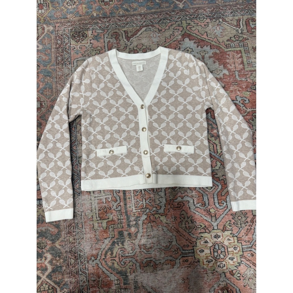 Cynthia Rowley Tan White Tennis Racket Print Cardigan Sweater Gold Button Medium